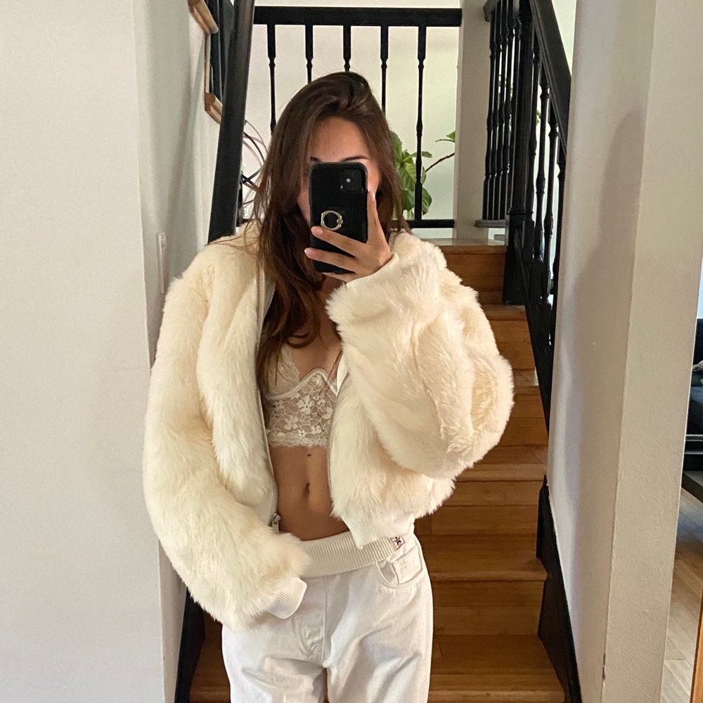 REVICE Cream Faux Fur Hooded Teddy Jacket